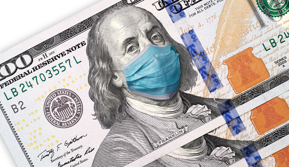 Covid 19 coronavirus ee.uu. billete de 100 dólares con máscara facial crisis financiera concepto aislado fondo blanco FP Column Width